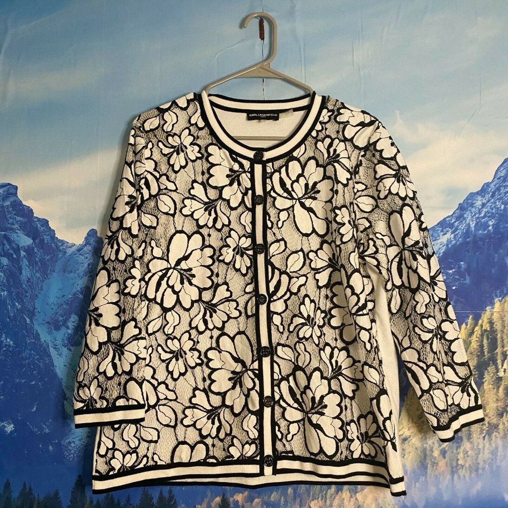 Karl Lagerfeld Black & White Women's Cardigan Lace Details Size Large